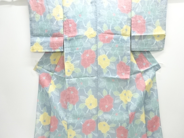 JAPANESE KIMONO / ANTIQUE KIMONO / OJIYA CHIJIMI / WOVEN CAMELLIA